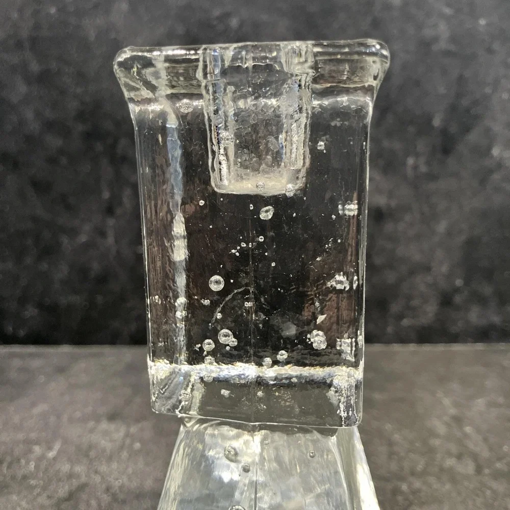 Scandinavian Ice Block Glass Candle Holder Brutalist Bubble Crystal MCM Vintage
